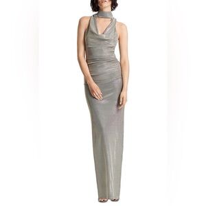 Halston Heritage draped neck metallic knit gown XS